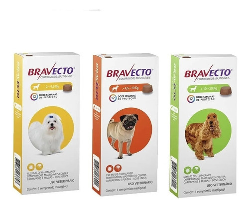 Combo Bravecto (1) 2 A 4,5 + (1) 4,5 A 10 + (1) 10 A 20kg