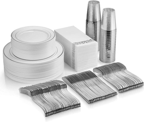 350 Piece Silver Dinnerware Set - 50 Guest Silver Rim Plasti