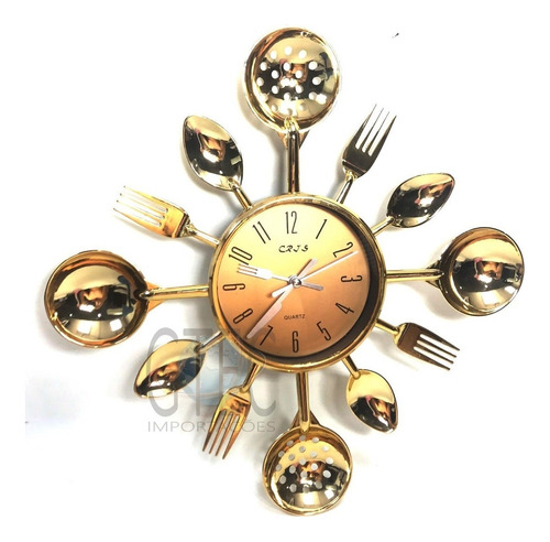 Relógio Cozinha Parede Analógico Talher Garfo Colher 32cm Cor da estrutura Preto e dourado Cor do fundo Dourado