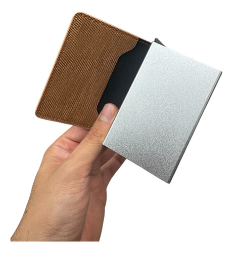Tarjetero Inteligente Rfid Aluminio Con Cuero Sintético Café Tela