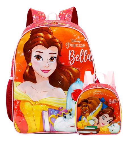 Mochila Escolar Princesas Disney Bela E A Fera G + Lancheira