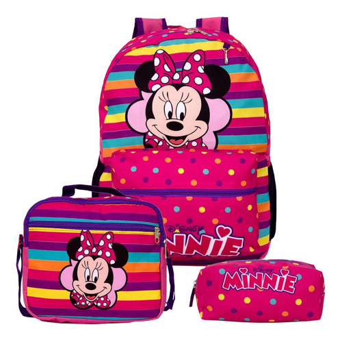 Mochila Feminina Infantil Minnie Com Lancheira Estojo Costa