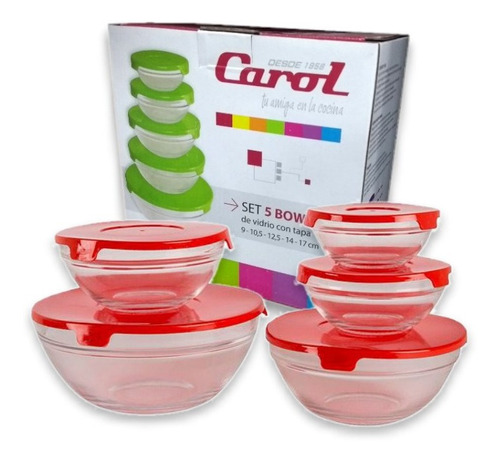 Set 5 Bowls Vidrio Tapa Plastica Carol Apilable Microondas