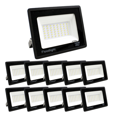 Kit 10 Refletor Led Smd Ormrme 100w Holofote Bivolt Ip67 Luz Frio Carcaça Preto Luz Branco-frio 110v/220v