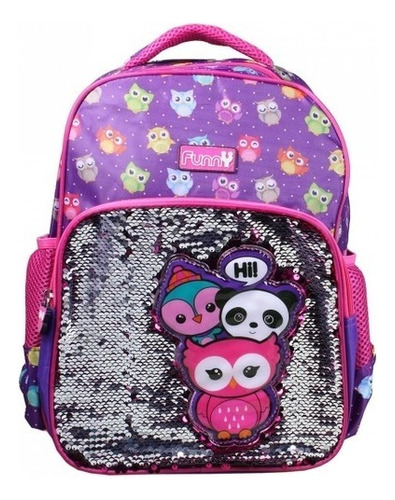 Mochila Infantil Escolar Funny Paetê Bichinhos Tam G Costas Cor Violeta