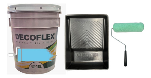 Cubeta De Pintura Vinil Decoflex 18lts Con Charola Y Rodillo Azul Mar Mate