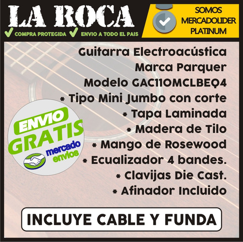 Imagen 5 de 10 de Guitarra Electroacustica Parquer Gac110 Mclbeq4 Con Afinador