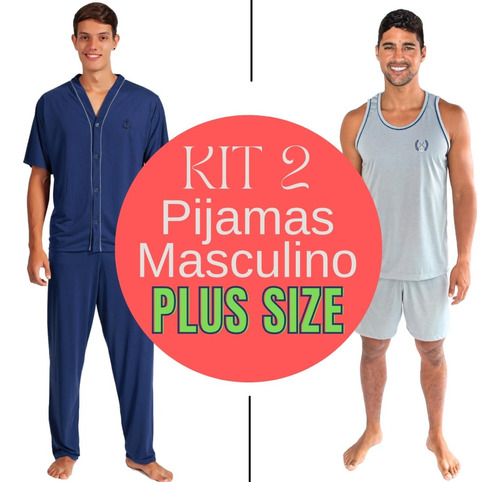 Kit 2 Pijamas Masculino Plus Size Meia Estação Com Botões