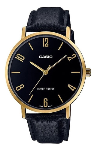 Reloj pulsera Casio Dress MTP-VT01 de cuerpo color dorado, analógico, para hombre, fondo negro, con correa de cuero color negro, agujas color dorado, dial dorado, bisel color dorado y hebilla simple