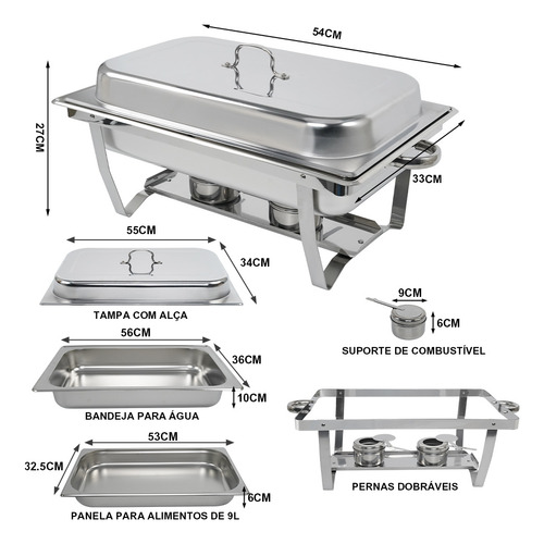 Rechaud Retângulos Para Buffet Inox 9 Litros 1/1 Panelas Banho Maria 1 Cuba Yesop