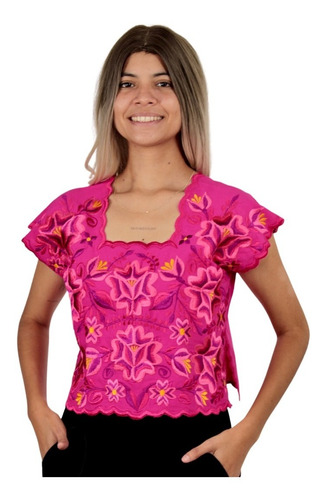 Crop Top Artesanal Yucateca Bordada Fucsia Flores Rosa Mex