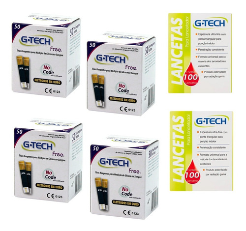 200 Tiras Teste Glicemia P/ G-tech Free Smart + 200 Lancetas
