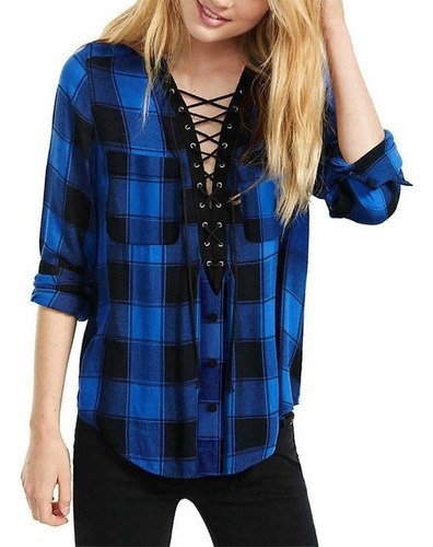 Blusa De Mujer Manga Larga A Cuadros Con Cuello En V Suelta