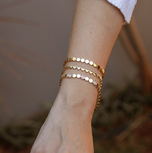 Pulseira De Ouro 18k Com Diamantes 17cm Hexagonal Hexágonos
