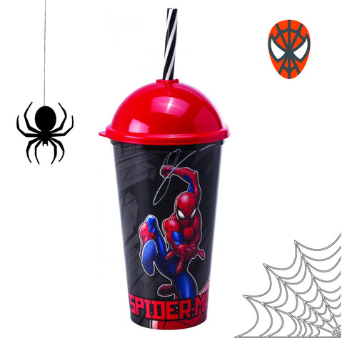 Copo Com Canudo Super Heróis Homem Aranha 500 Ml Plasutil