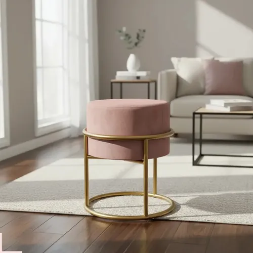 Puff Banqueta Veludo Base Ferro Dourada Premium Cores Cor Rosa