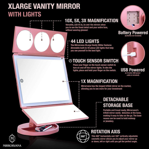 Espejo De Maquillaje Mirrorvana Con Luz Led Extragrande, Tr