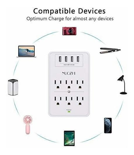 Nuozhi Cargador Pared Usb Extension 6 Toma 4 Puerto 1680