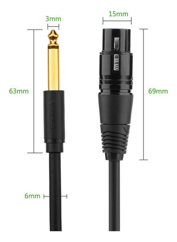 Cabo Ugreen Áudio Microfone 6.35mm Macho Xlr Fêmea 2m Preto