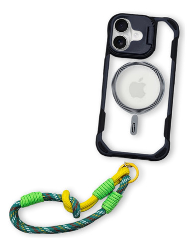 Funda Para Iphone 16 Pro Max + Correa + Mica + Envio Gb01 Negro Y Verde Fosfo