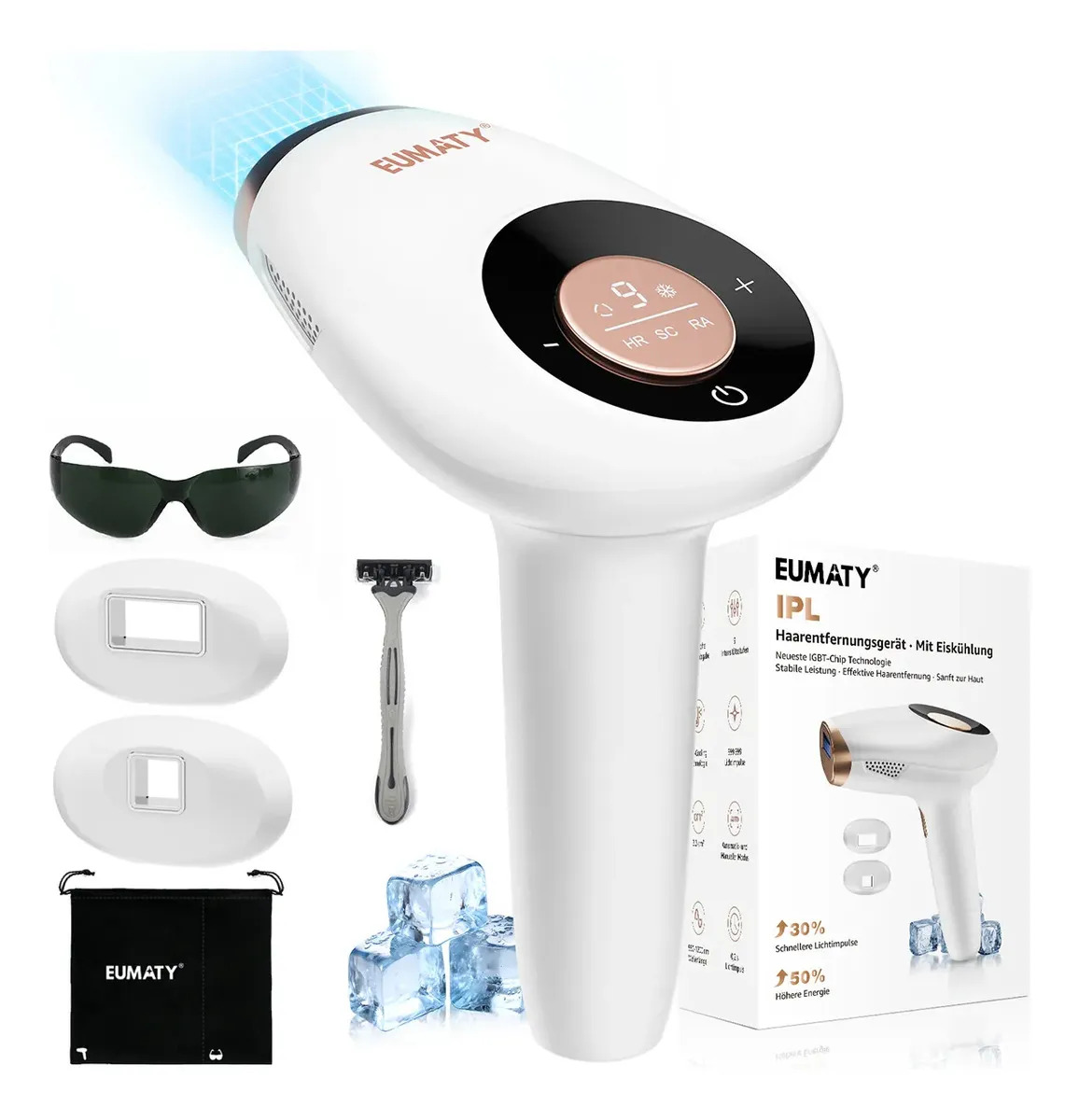 Depiladora IPL EUMATY 9 Mode Luz Pulsada 999,999 Disparos Con Enfriamiento Depilación Permanente Para Mujer Y Hombre Sin Dolor