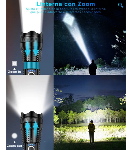Linterna Táctica Zoom Recargable Usb Pesca Camping Auxilio Blanco Negro