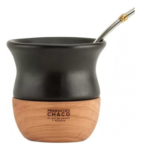 Mate Cerámica Esmaltada  Chaco Con Madera De Lenga Torneada