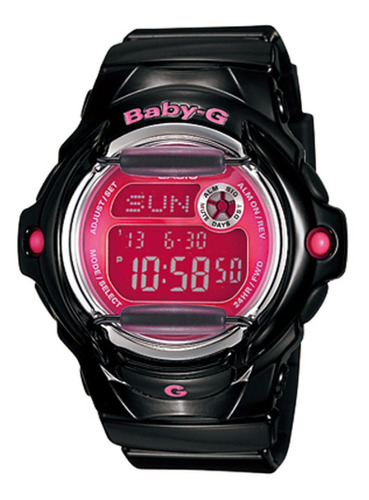 Reloj de pulsera Casio Baby-G BG-169 de cuerpo color negro, digital, para mujer, fondo rosa, con correa de resina color negro, dial gris, subesferas color gris y rosa, minutero/segundero gris, bisel color negro y plateado, luz rosa y hebilla simple