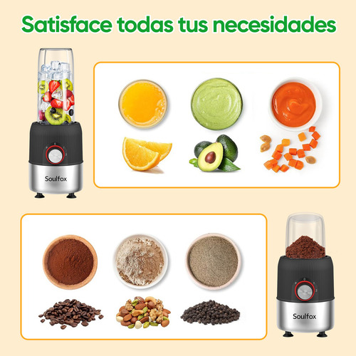 Soulfox Portátil 2 En 1 1000w Licuadora Eléctrica Para Frutas Y Verduras,motor Poderoso,gran Capacidad,fácil Limpieza