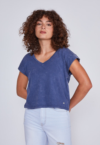 Polera Mujer Lavada Cuello V Azul Sioux  