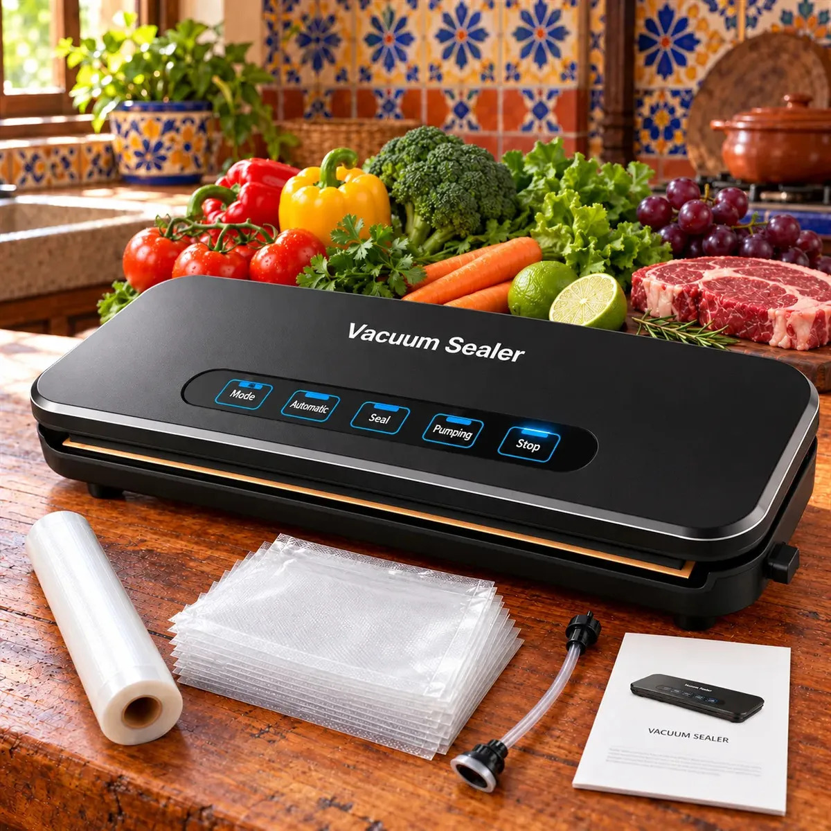 Máquina Selladora Al Vacío Para Alimentos 85 kPa 110 W 5 Modos UV YOUKOYI Negra Con Bolsas Para Alimentos Secos Y Húmedos Para Sous Vide Y Almacenamiento De Alimentos