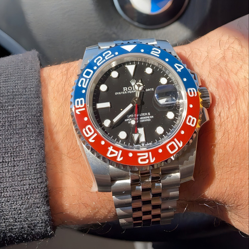 Relógio Rolex Gmt Master Pepsi B. Eta - Gmt 100% Funcional Correia Prateado Fundo Preto