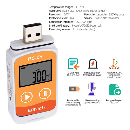 Data Logger Usb Temperatura Para Cadena D Frio Rc-5+ Elitech