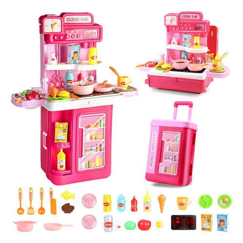 Cocina De Juguete Infantil 4en1 Sonido Luz 41pcs Rosa