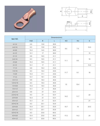 10 Terminales De Batería De Cable 100% Cobre, 1/0 Awg-3/8 Ocre