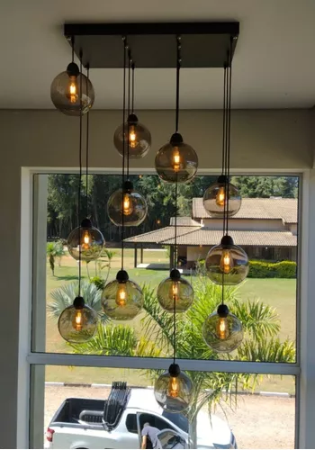 Lustre Pendente Sarvah 12 Globos Fumê Para Casas Pé Direito Duplo e Alto.