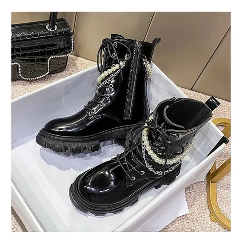 Botas Negras Dama Cadena De Perlas De Moda Fondo Grueso Cuotas