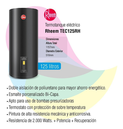Imagen 2 de 5 de Termotanque Electrico Rheem 125 Litros Tec125rh