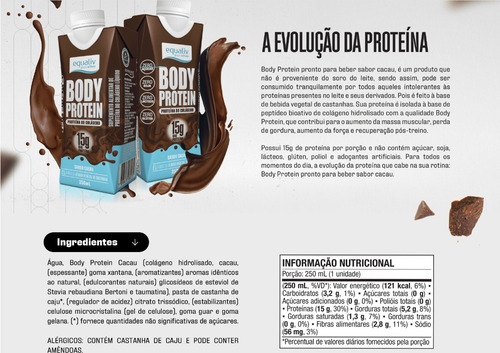 Kit 6 Body Protein Cacau Shake Proteico Equaliv 250ml