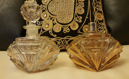 Antiguo Perfumeros Cristal Tallado Oro Set Grande Ver (Usado)