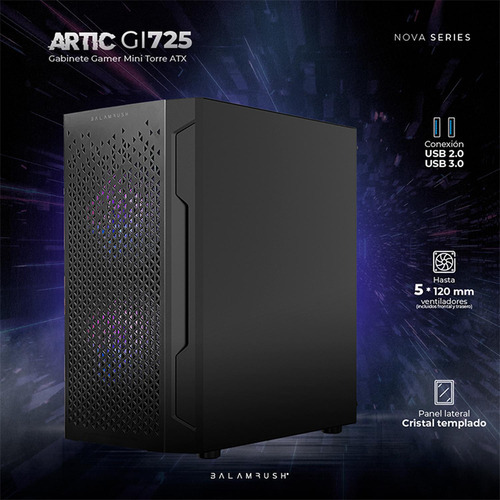 Gabinete Gamer Balam Rush Artic Gi725 M-atx Mini Torre 3 Fan Cristal Templado Negro Br-936118