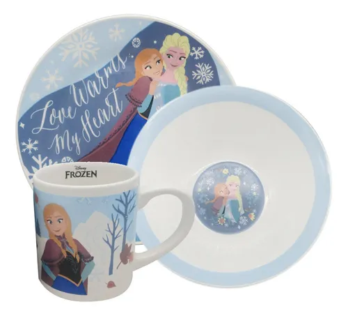 Juego X3 De Cerámica Infantil Frozen Plato, Taza Y Bowl Color Celeste