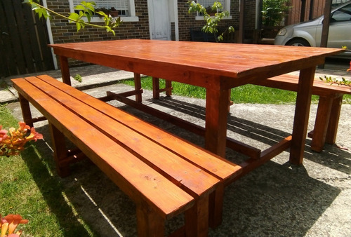 Mesa Y 2 Bancos Rústicos Para Exterior, Barbacoa.
