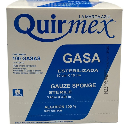 Gasas Esteriles Quirmex Absorbentes De Álgodon 10x10cm C/100