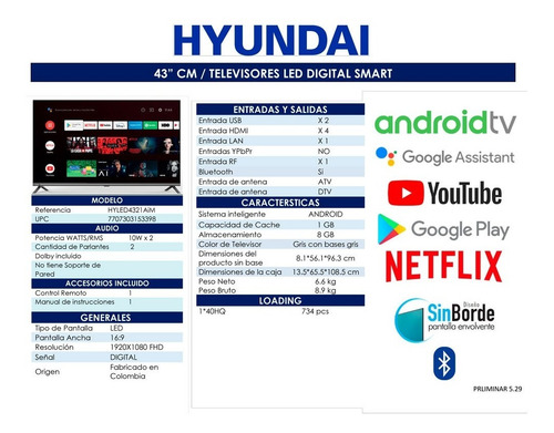 Televisor Hyundai 43 Smart Fhd Android By Google