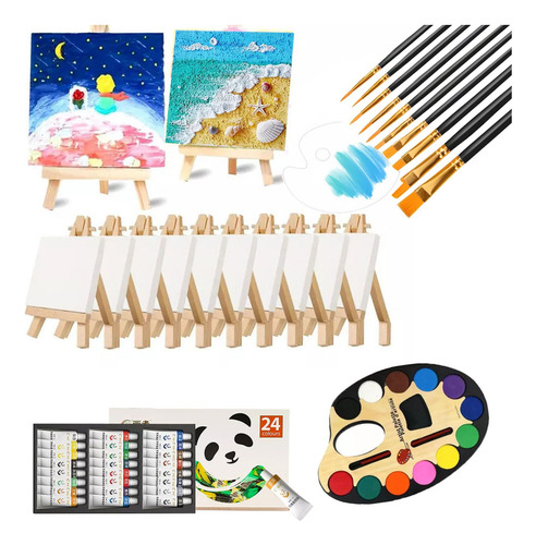 10 prateleiras de pintura e telas de pintura — Mini conjunto de pintura a óleo, 24 cores, cavalete de pintura de 10 x 10 cm para pintura artística e suprimentos para festas