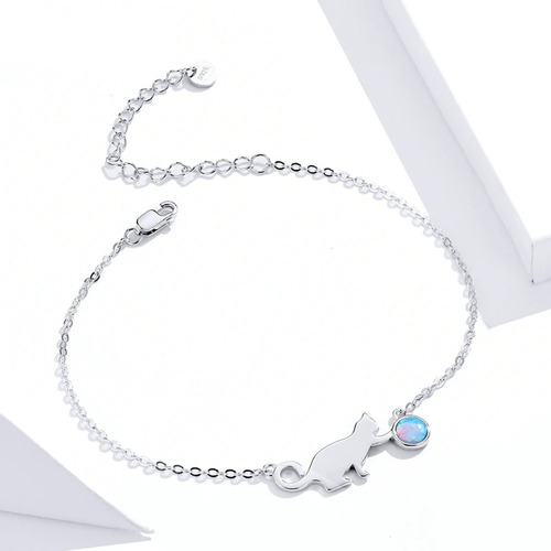 Pulsera Brazalete Gato Gatito Y Pelota De Ópalo Plata S925