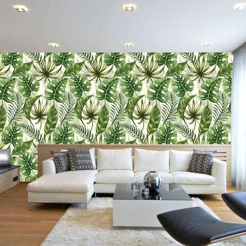 Imagem 1 de 4 de Papel De Parede Lavável Adesivo Folhagem Verde 300x52cm