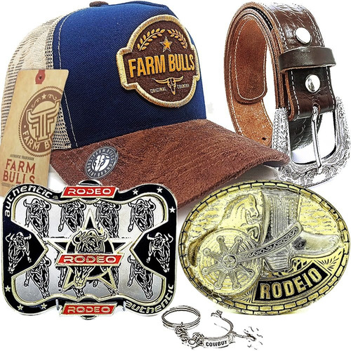 Kit Country Cowboy Boné Farm Bulls Cinto Fivela Country E +