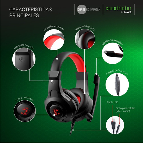 Imagen 7 de 10 de Auricular Gamer Aiwa Constrictor Led Con Mic Auc-1040vl